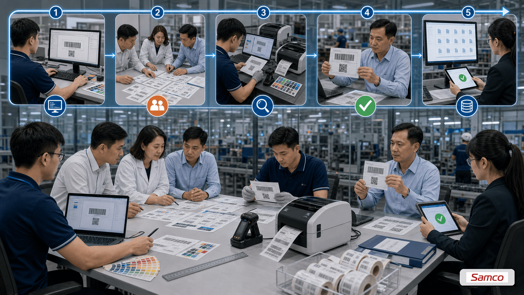 5 bước quy trình phê duyệt nhãn chuẩn từ thiết kế, review nội dung, review kỹ thuật đến phê duyệt và lưu hồ sơ