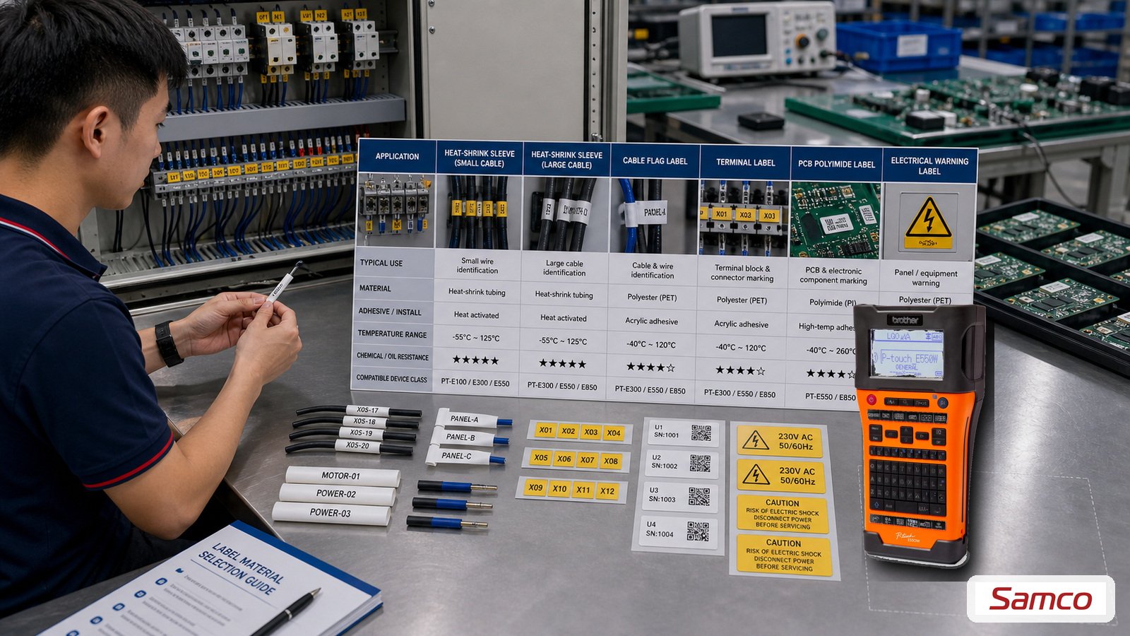 In nhãn cho ngành điện - điện tử: Chuẩn IEC và giải pháp 6 So sánh loại nhãn theo ứng dụng điện điện tử từ ống lồng cáp đến nhãn PCB