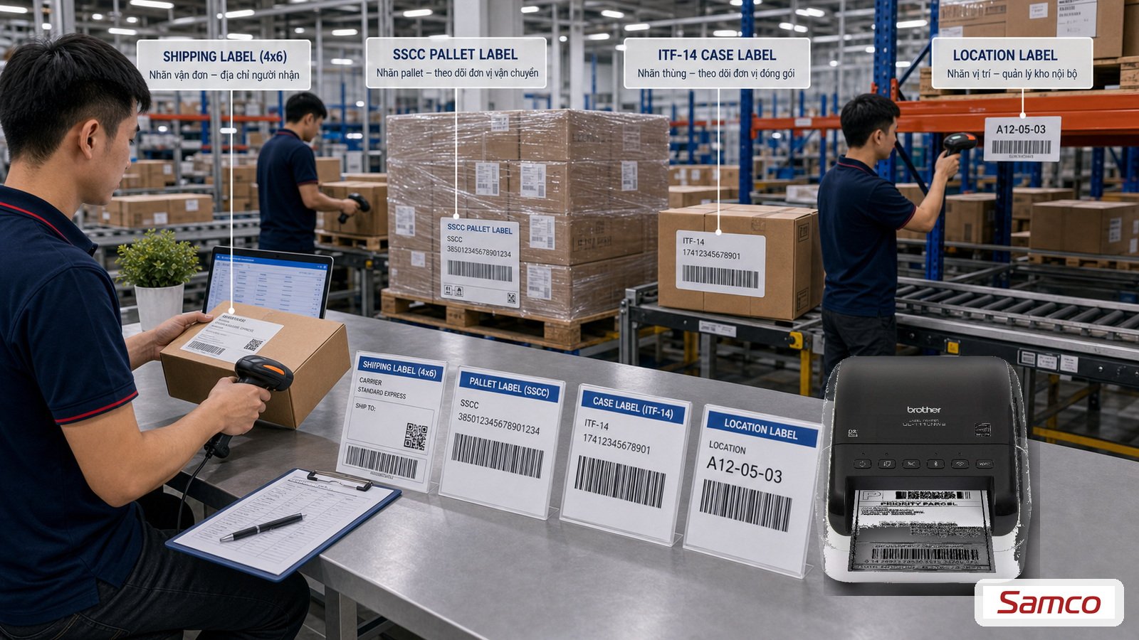In nhãn cho ngành logistics: Từ barcode đến GS1 3 Bốn loại nhãn logistics gồm shipping label pallet SSCC case label và location label