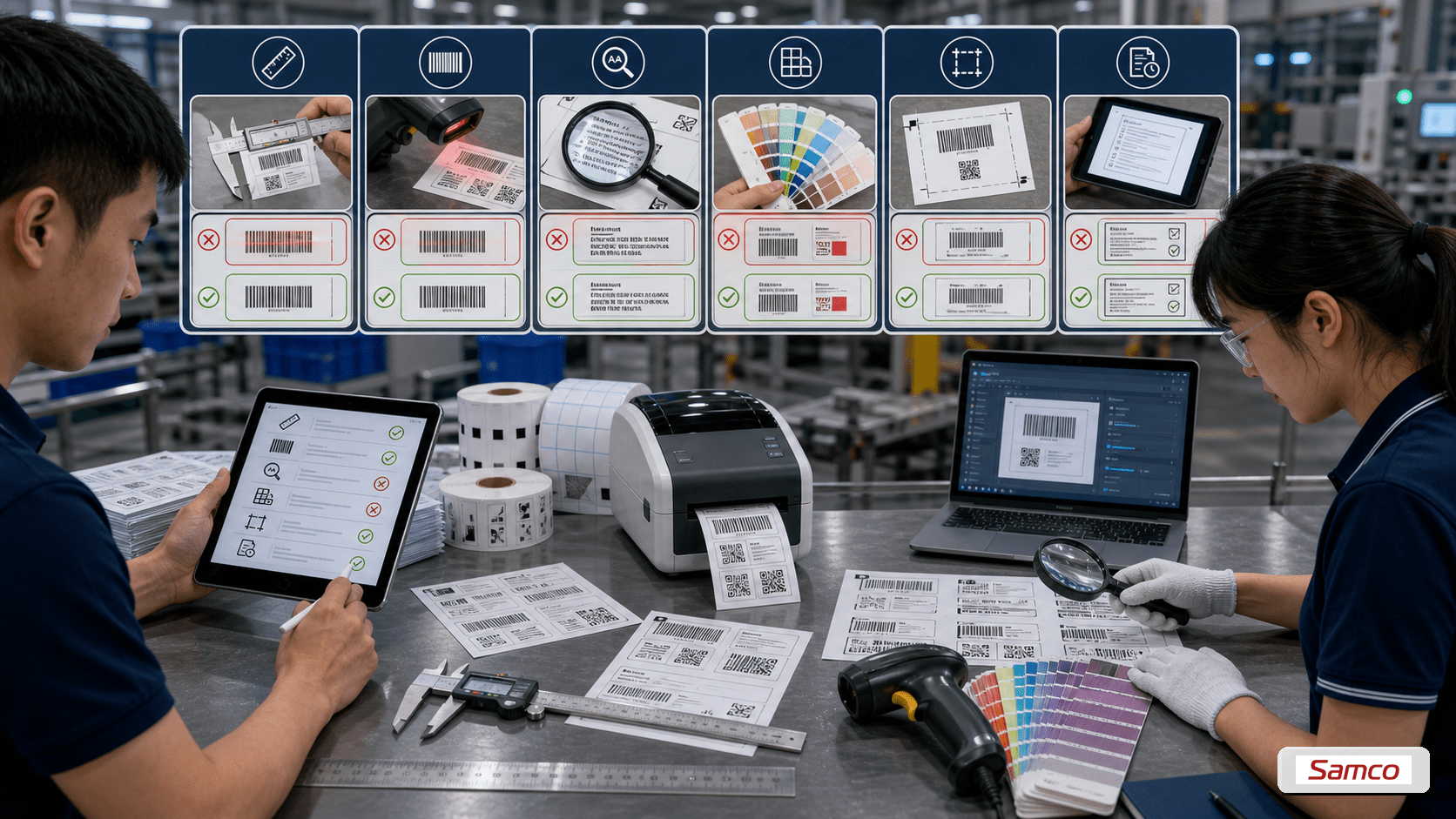 Checklist review kỹ thuật nhãn trước khi in gồm kích thước, barcode, font, màu sắc, bleed và version file