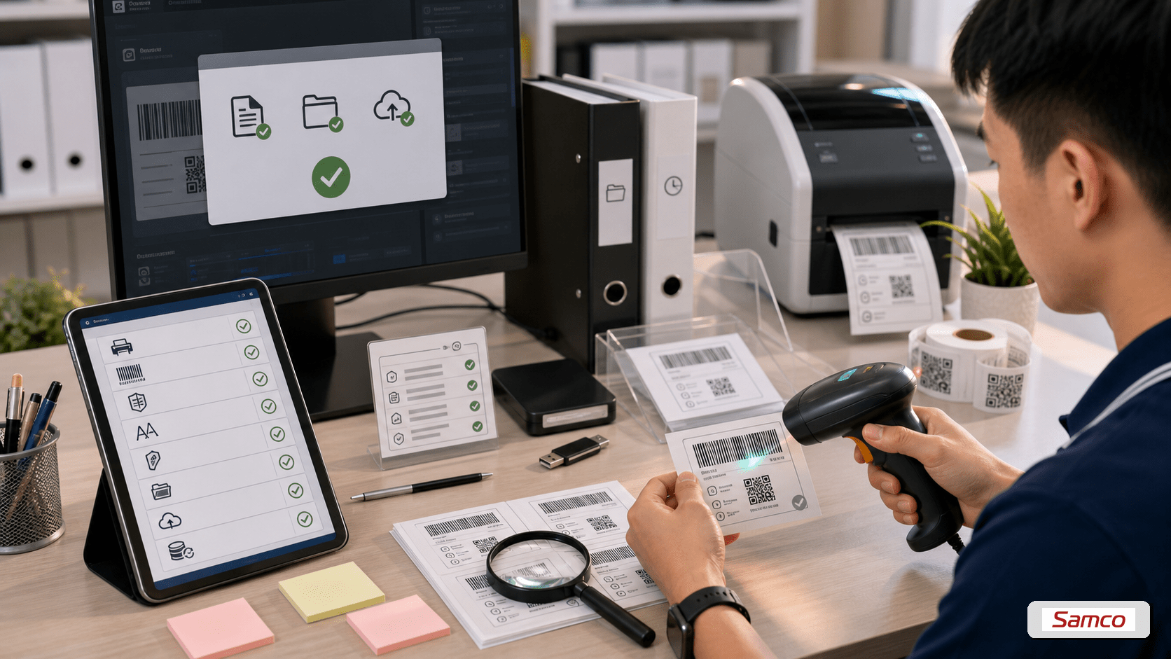 Checklist trước khi lưu template chính thức gồm in thử, scan barcode, kiểm tra font, đặt tên file và lưu đúng thư mục