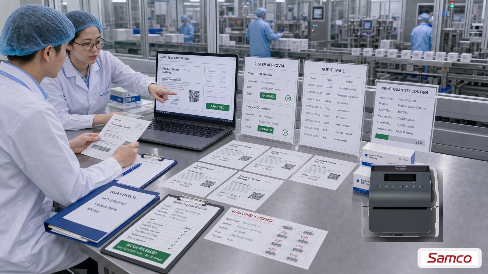 GMP yêu cầu kiểm soát template audit trail số lượng nhãn in theo lô và thay đổi có phê duyệt
