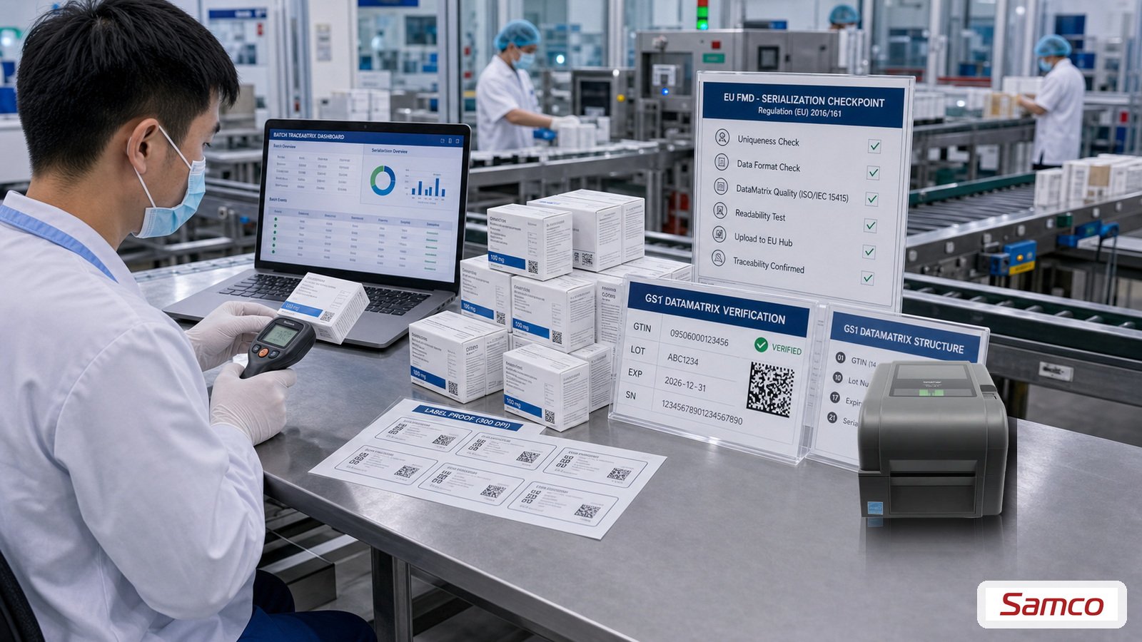 GS1 DataMatrix serialization cho dược phẩm xuất khẩu EU và kiểm tra truy xuất theo lô