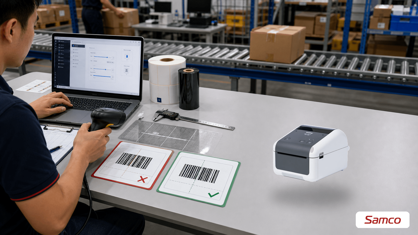 Điều chỉnh offset sau calibration để barcode và nội dung in đúng tâm nhãn