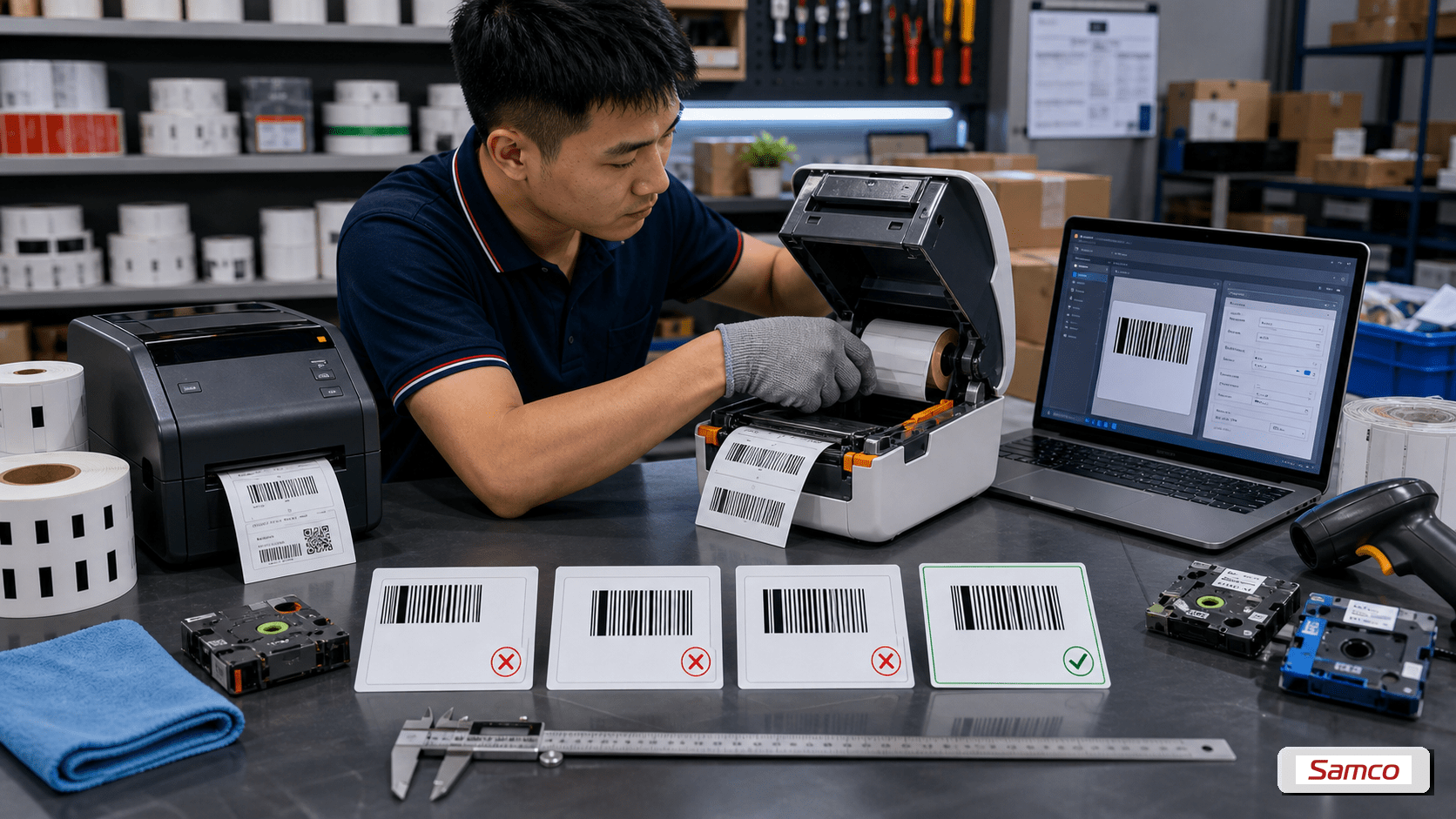 Căn chỉnh máy in nhãn không bị lệch với nhãn test, sensor, offset và cuộn nhãn