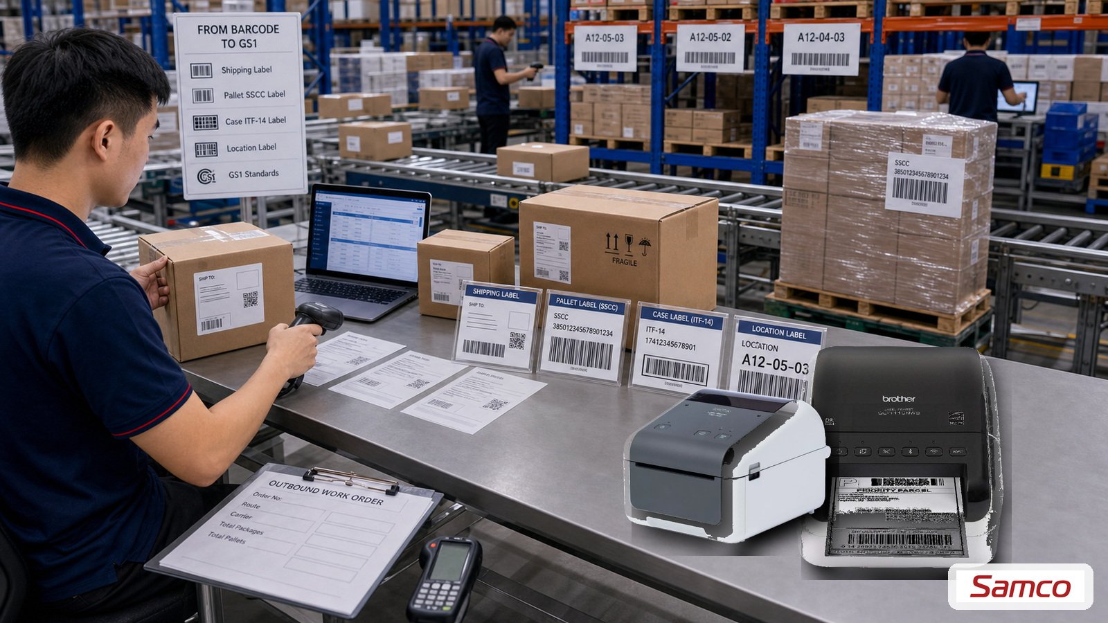 In nhãn logistics từ barcode vận chuyển đến GS1 trong kho vận