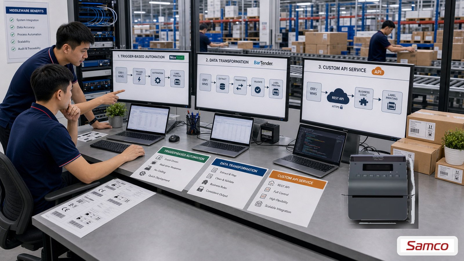 Middleware đồng bộ dữ liệu nhãn giữa ERP WMS và máy in qua NiceLabel Bartender hoặc Custom API