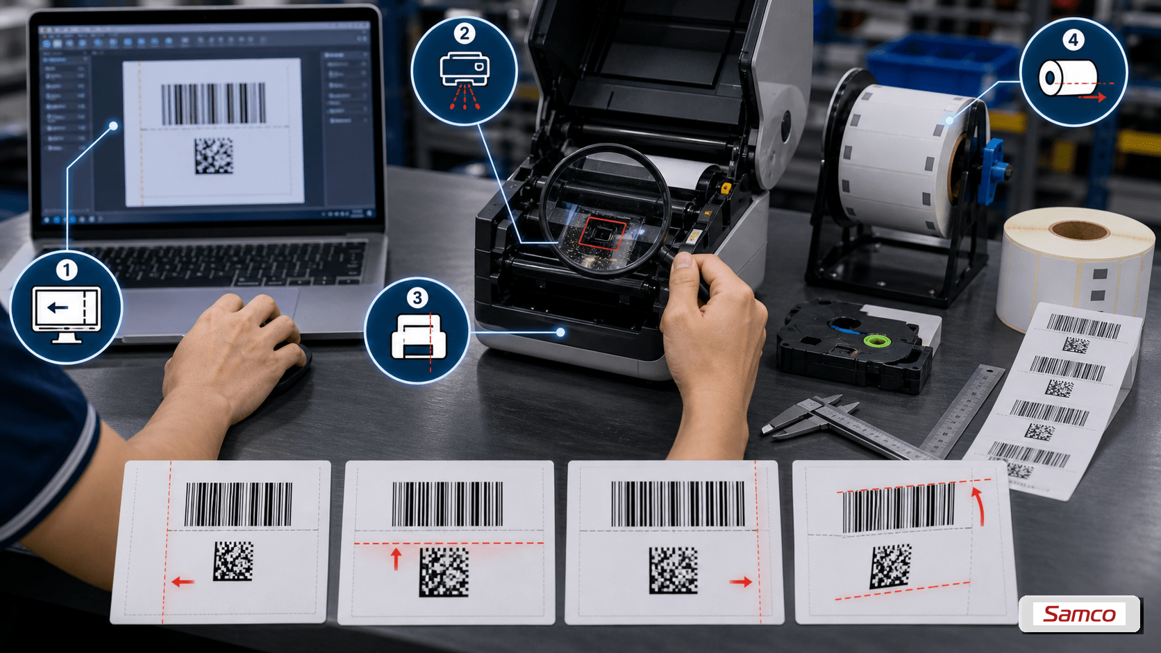 Cách Căn Chỉnh Máy In Nhãn Không Bị Lệch 5 Nguyên nhân máy in nhãn bị lệch gồm offset sai, sensor chưa căn, driver sai khổ giấy và cuộn nhãn lắp lệch