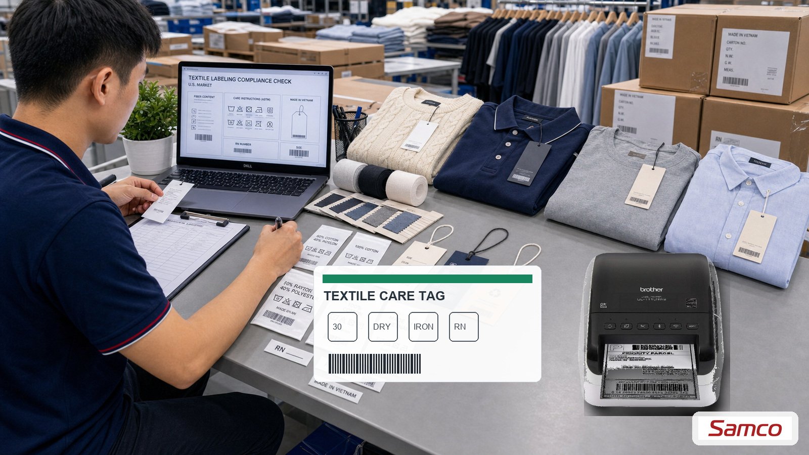 Kiểm tra nhãn dệt may theo FTC Textile Labeling Act với fiber content Made in Vietnam RN và ký hiệu giặt
