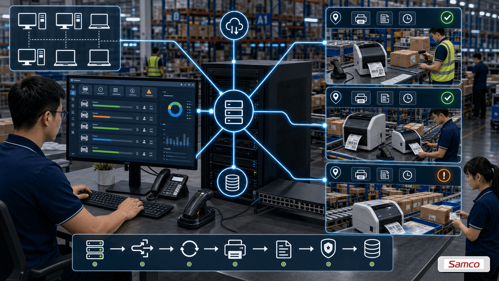 Cách quản lý hàng đợi in nhãn tránh lỗi và gián đoạn 6 Print server quản lý tập trung hàng đợi in nhãn, định tuyến job và ghi log in