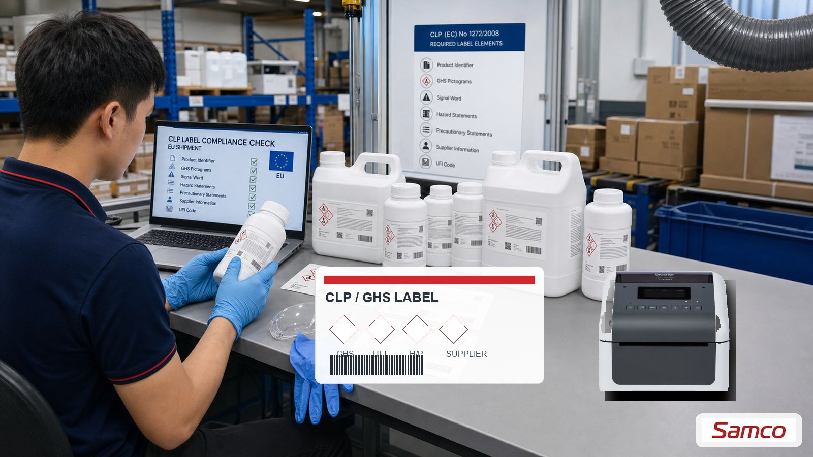 Kiểm tra nhãn hóa chất EU theo CLP Regulation EC 1272/2008 với GHS UFI hazard và supplier information