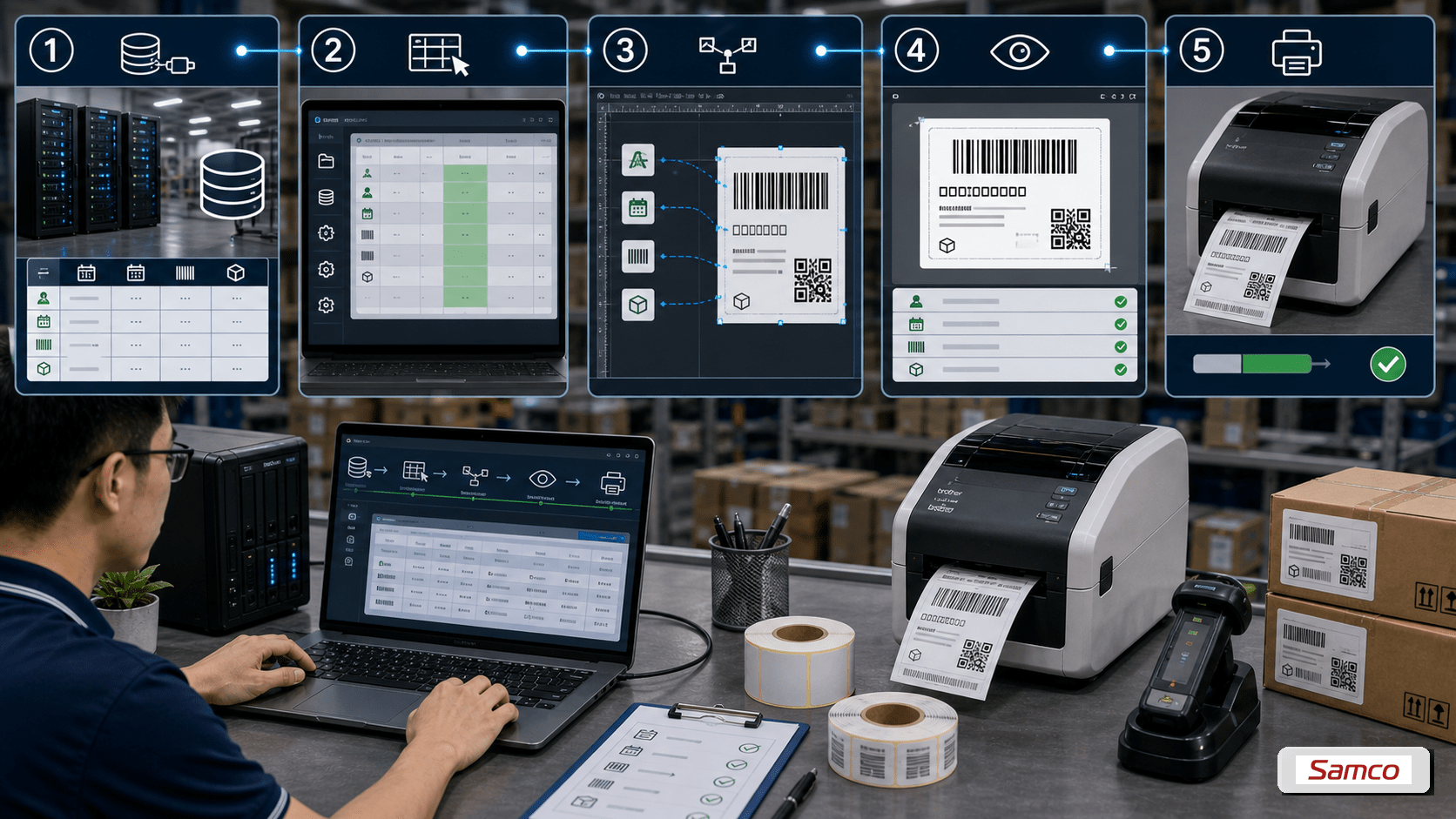 Cách in nhãn từ database tự động và chính xác 6 Quy trình in nhãn từ database với NiceLabel gồm kết nối dữ liệu, mapping field, preview và in tự động