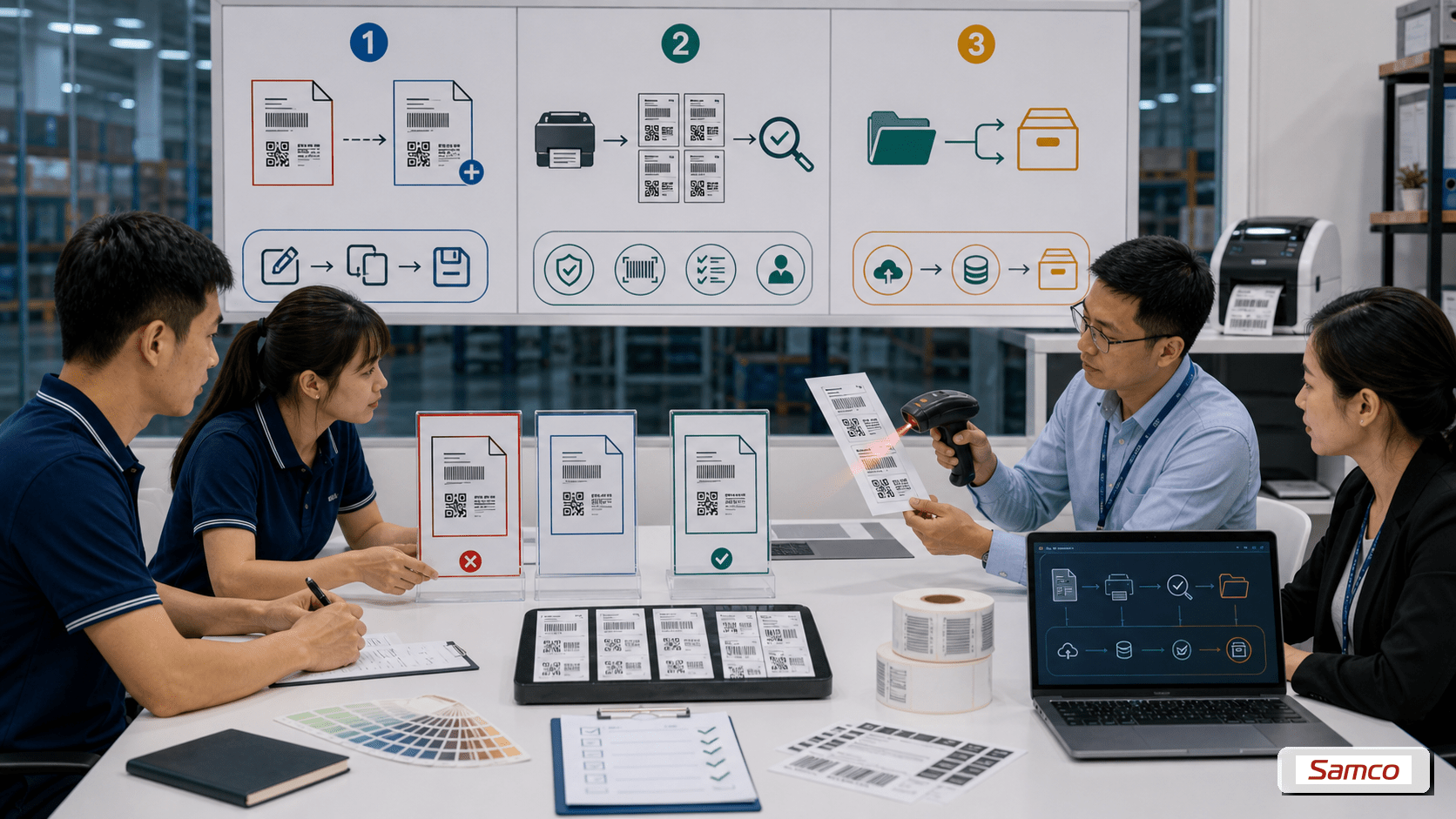Quy trình phê duyệt khi cập nhật template gồm tạo version mới, in test, review và archive bản cũ
