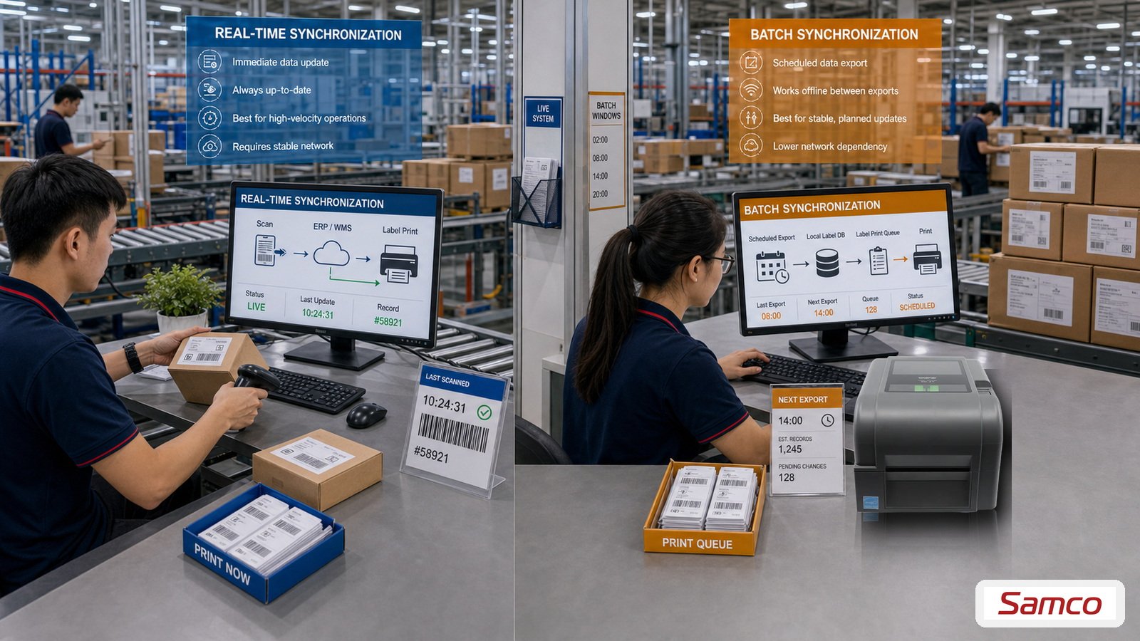 So sánh đồng bộ real-time và batch sync cho dữ liệu in nhãn ERP WMS