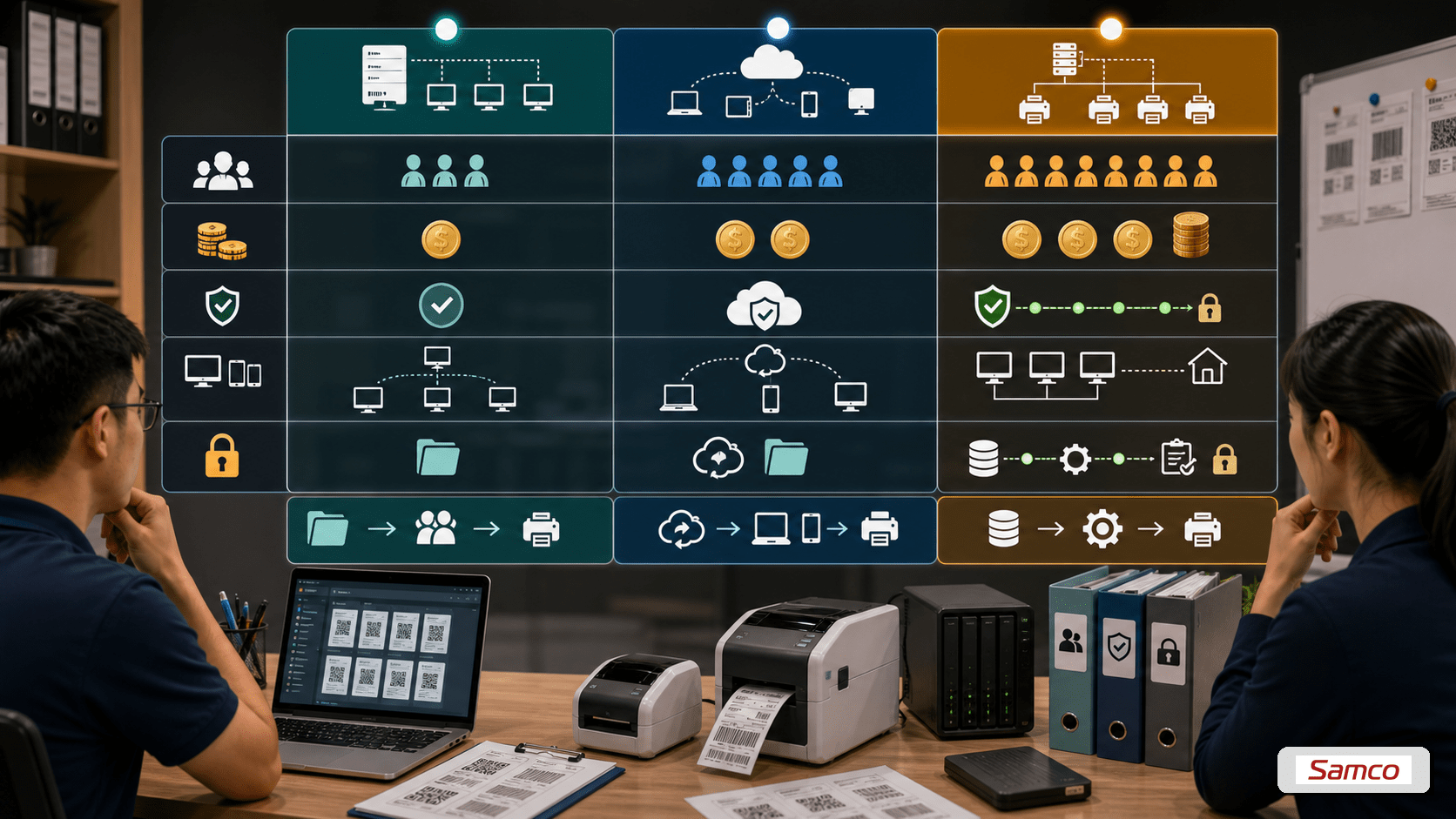 So sánh ba phương pháp đồng bộ dữ liệu nhãn gồm shared folder, cloud sync và print server