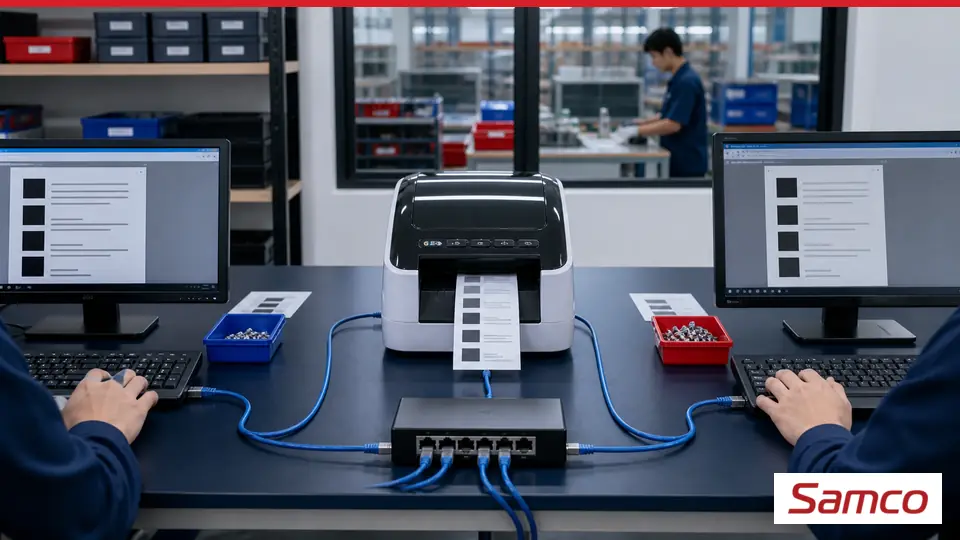 Nhiều máy trạm cùng dùng chung một máy QL-1100 thì cấu hình thế nào