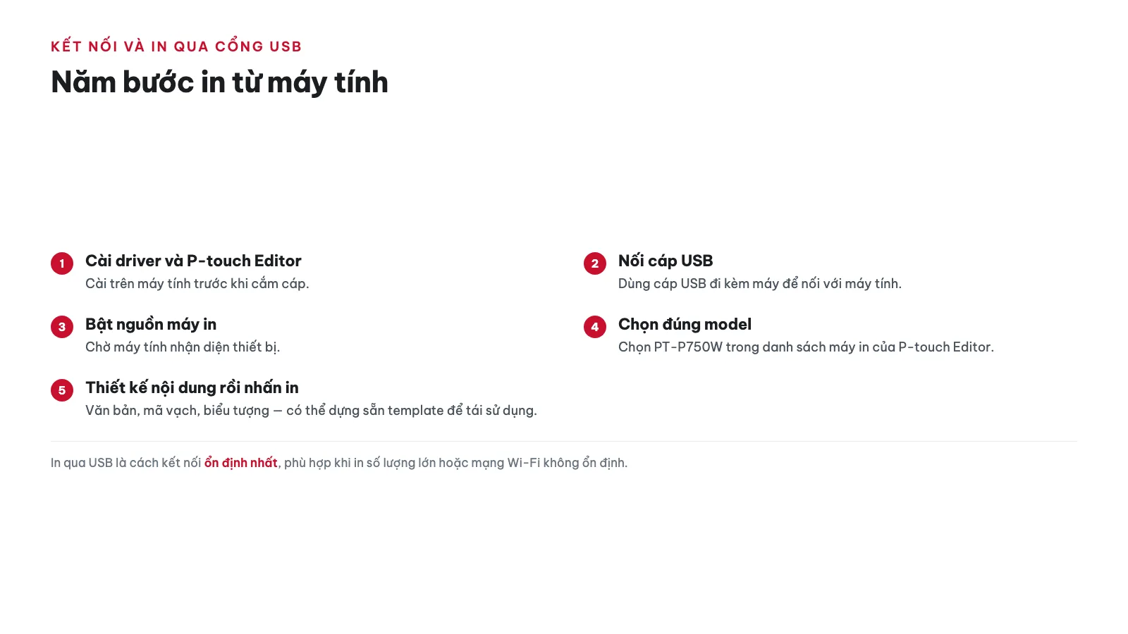 Hướng dẫn sử dụng Máy in nhãn Brother PT-P750W 18 Kết nối và in từ máy tính qua cổng USB như thế nào?