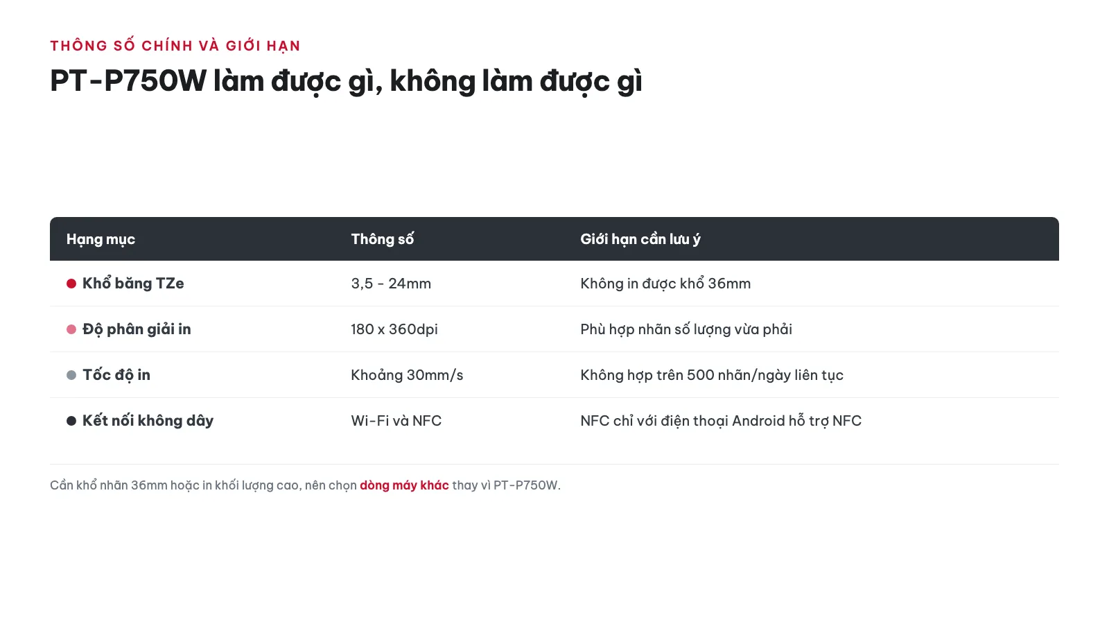 Hướng dẫn sử dụng Máy in nhãn Brother PT-P750W 15 Thông số kỹ thuật chính và giới hạn sử dụng của PT-P750W