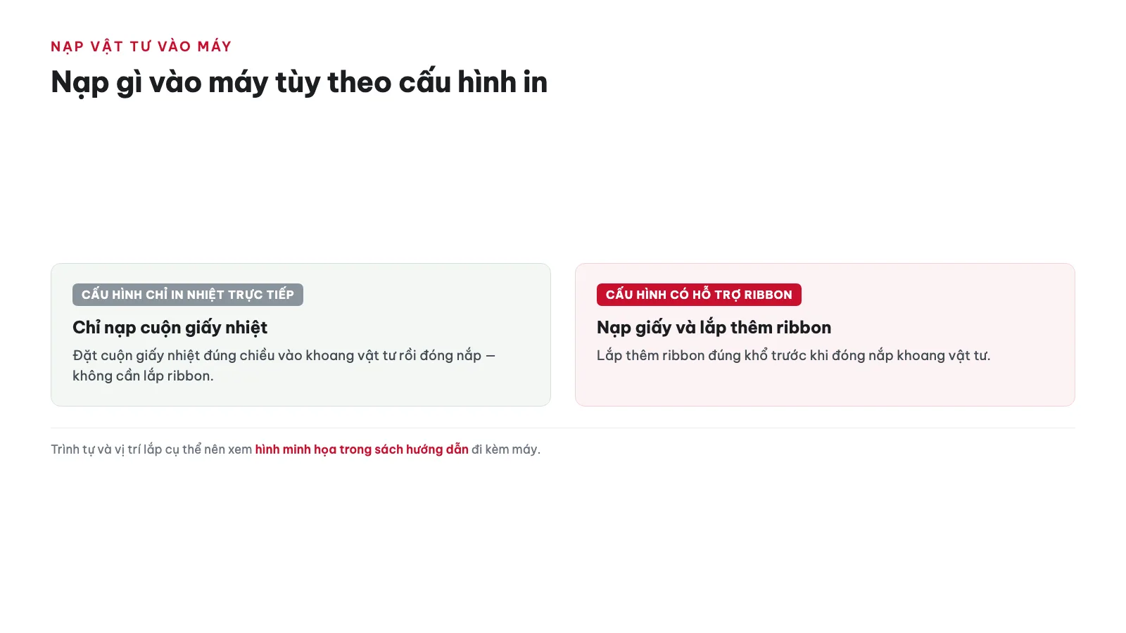 Hướng dẫn sử dụng Máy in nhãn Brother TD-2310D 15 Cách nạp vật tư (giấy/ribbon) vào máy như thế nào?