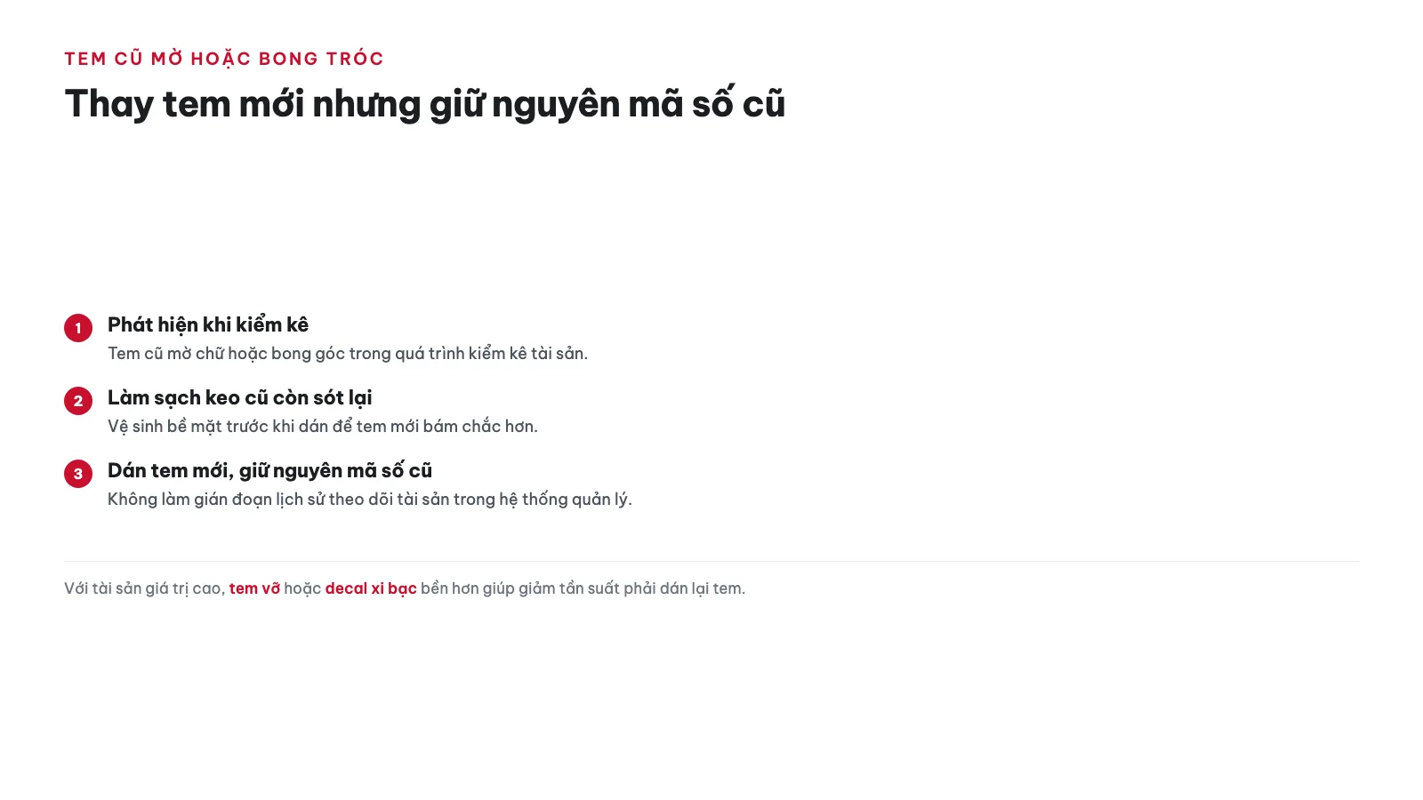 Cách xử lý khi tem tài sản cũ bị mờ hoặc bong tróc?