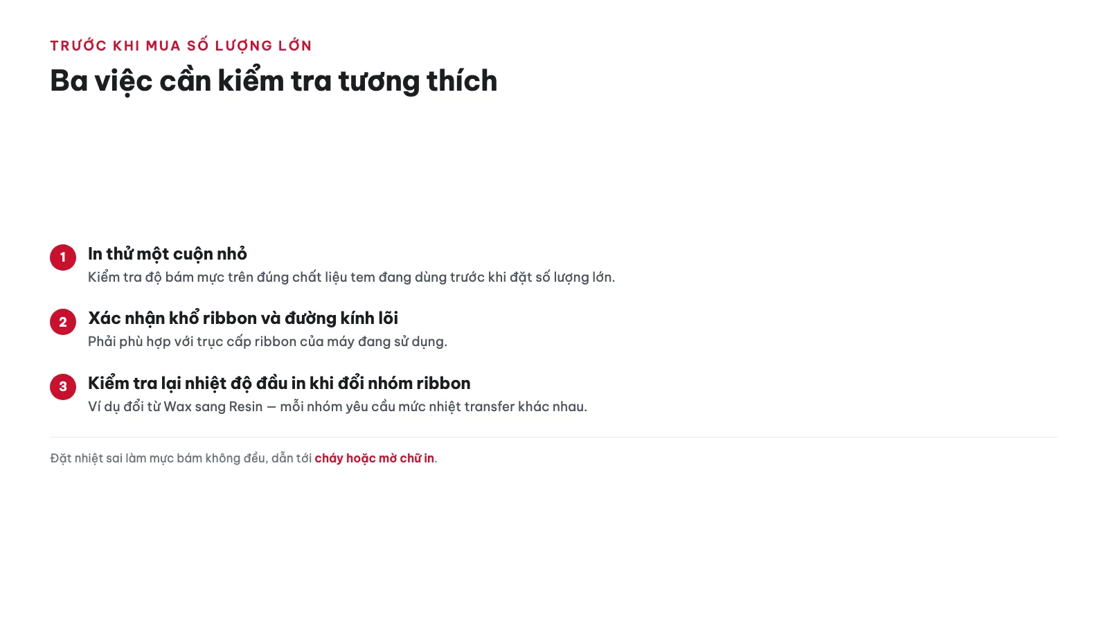 Ribbon Wax vs Resin vs Mixed — Chọn loại nào? 19 Cách kiểm tra ribbon đã chọn có tương thích với tem và máy in không?