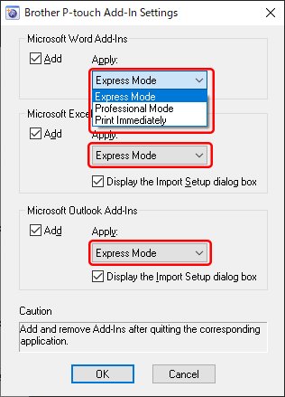 Chọn Express Mode, Professional Mode hoặc Print Immediately cho Add-In