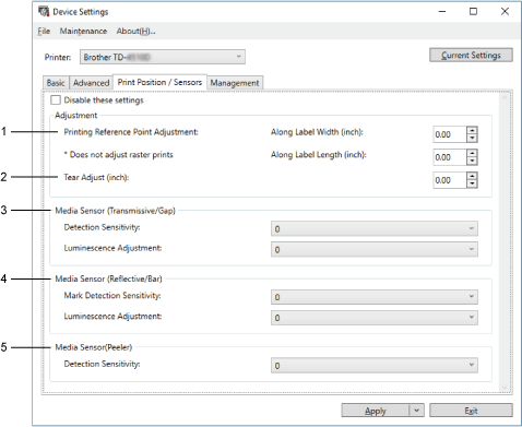 Tab Print Position / Sensors trong Device Settings của Brother TD-4