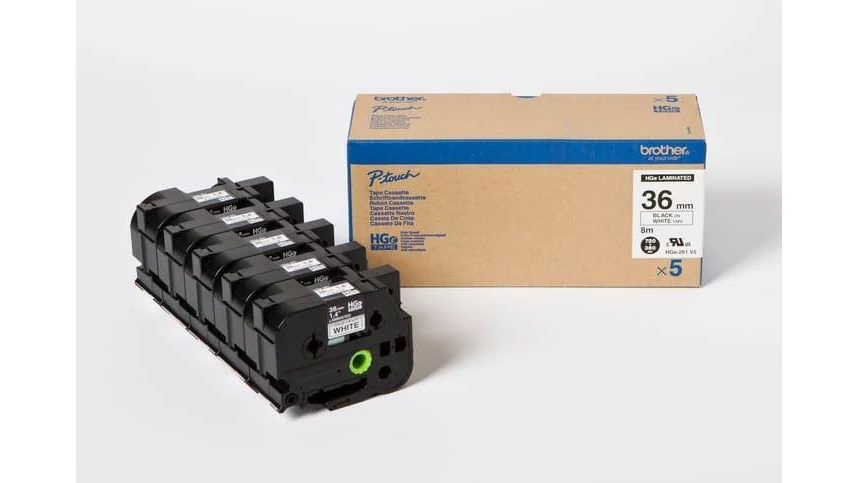 Hộp 5 cuộn nhãn Brother HGe-261V5 khổ 36 mm chữ đen nền trắng