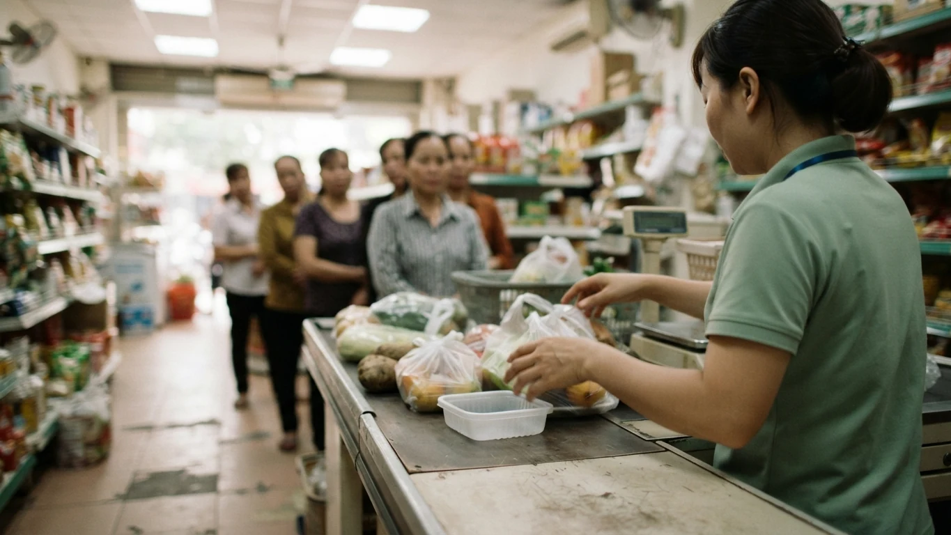 Quầy thu ngân cửa hàng bán lẻ giờ đông khách, hàng hoá trên mặt quầy