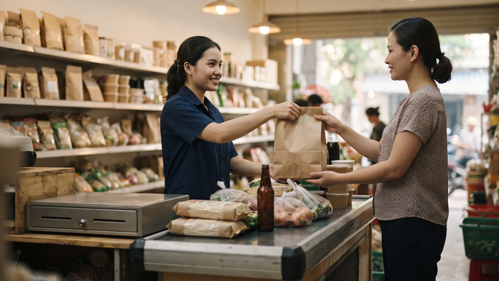 Quầy thu ngân cửa hàng bán lẻ với hàng hóa xếp gọn, nhân viên đang tính tiền