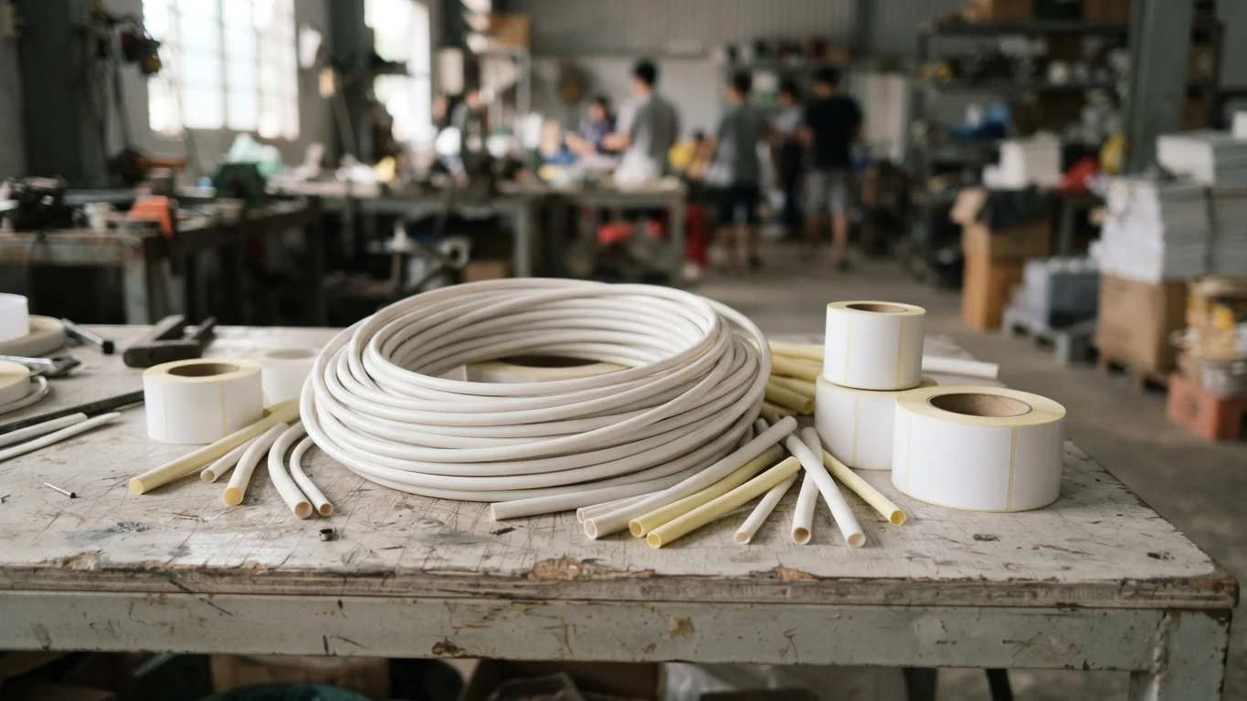 Thông số máy in ống Puty PT-1010: vật tư, cách in và xử lý lỗi 7 Cuộn ống PVC trắng, ống co nhiệt và cuộn băng nhãn trơn bày trên bàn thao tác
