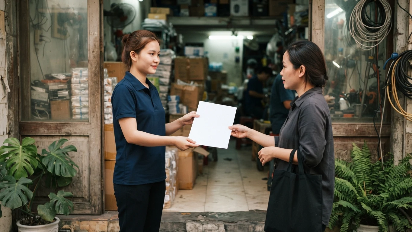 Máy in xách tay không cần mực: PocketJet in A4 bằng nhiệt hoạt động thế nào 10 Nhân viên đưa tờ giấy A4 cho khách hàng ở cửa nhà sau khi hoàn tất dịch vụ