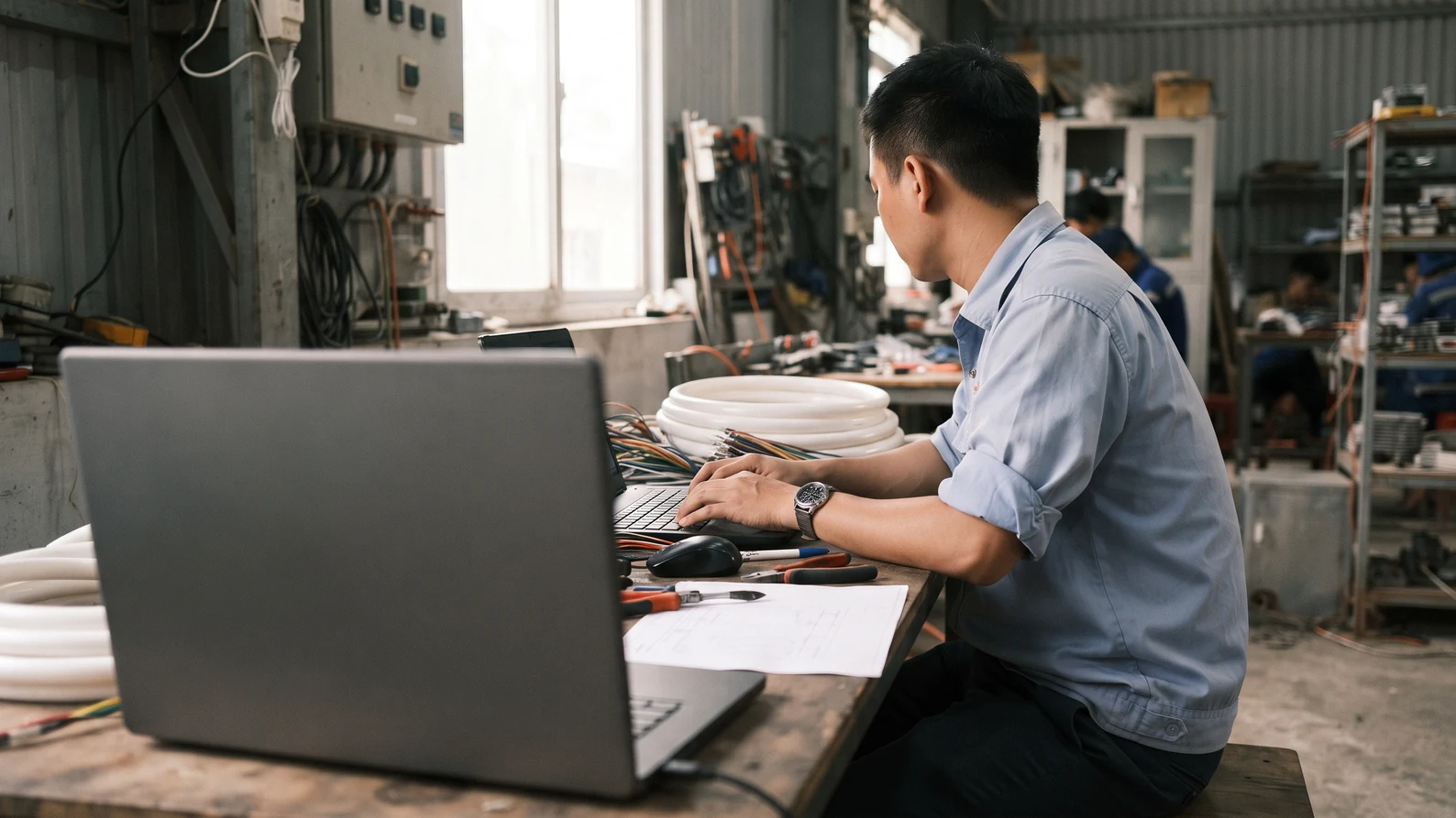 In ống lồng từ Excel: cách in hàng loạt trên máy MAX, Canon, Supvan 11 Kỹ sư điện ngồi soạn danh sách dây trên laptop cạnh cuộn ống lồng