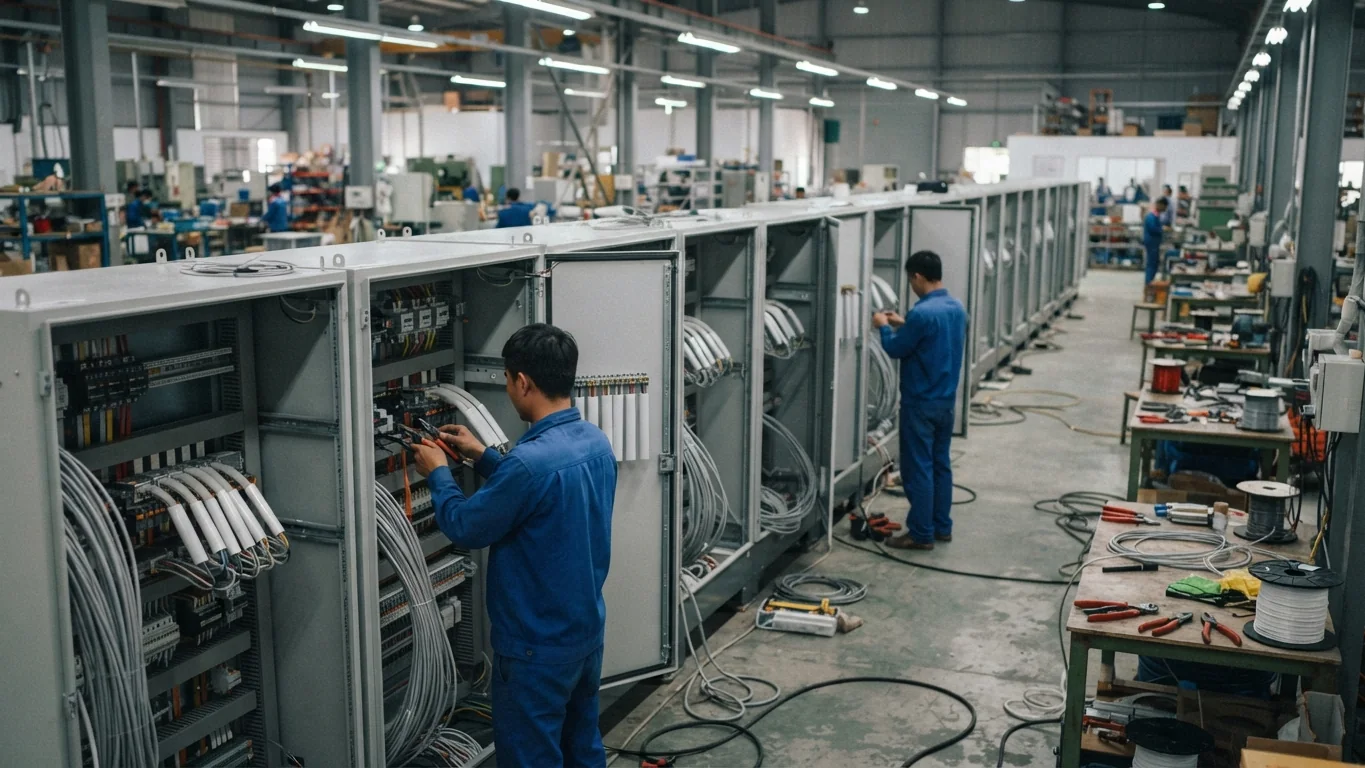 So sánh Supvan TP70E vs TP76E: nên chọn máy in ống nào? 14 Dây chuyền lắp nhiều tủ điện cùng lúc, dây đã gắn ống lồng trắng trơn