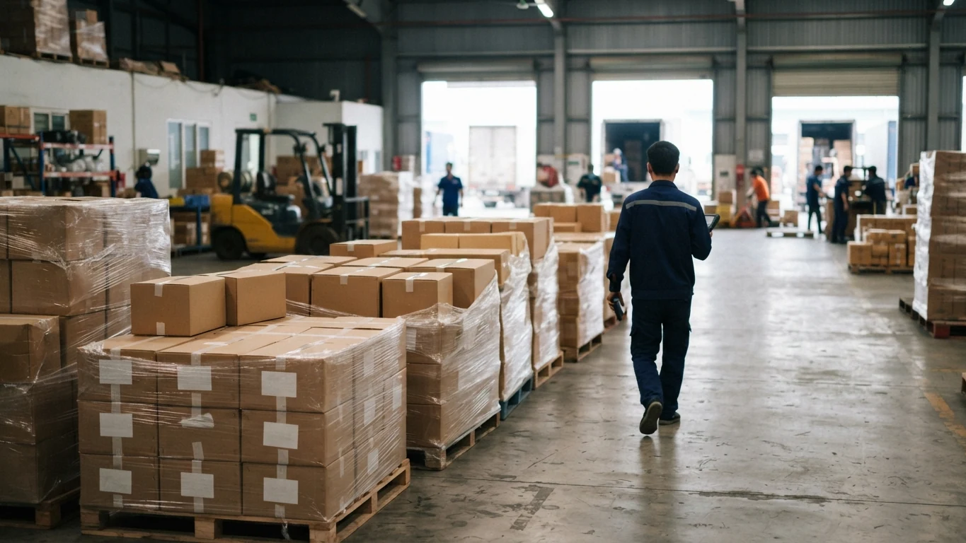 Top máy in mã vạch công nghiệp đáng mua 2026 13 Khu xuất hàng kho vận với pallet thùng carton dán tem trắng chờ xếp lên xe