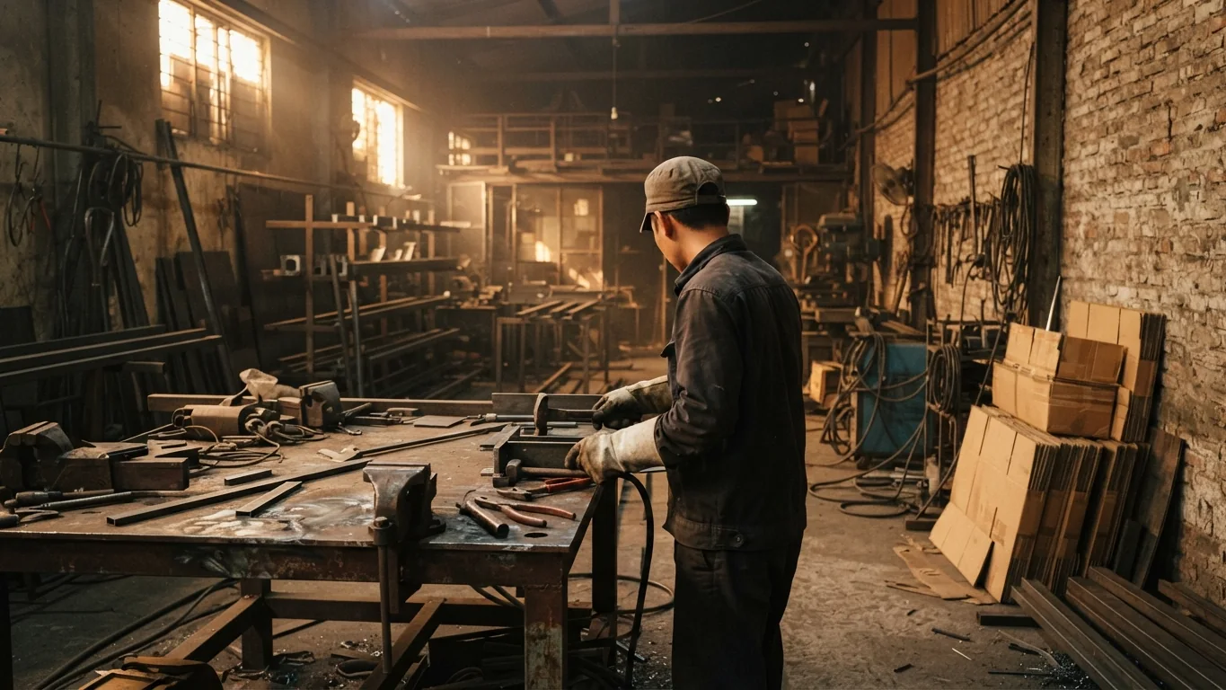 So sánh máy in mã vạch công nghiệp: Brother TJ, RING hay Zebra 13 Xưởng sản xuất có bụi và nhiệt, công nhân làm việc cạnh các thùng hàng